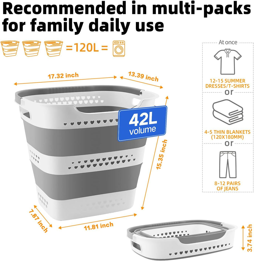 2 Pcs 42L Medium Collapsible Plastic Laundry Basket with Handles, Foldable La...