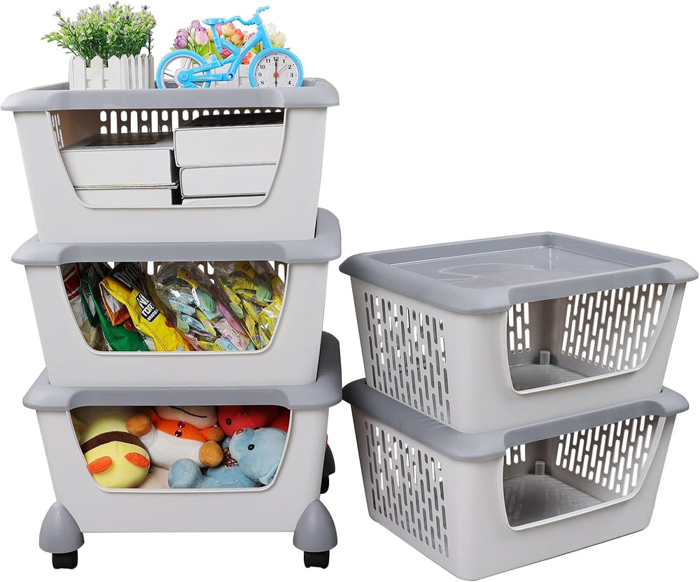 5-Tier Stacking Storage Basket Tower with Wheels, Plastic Open Stacking Baske...