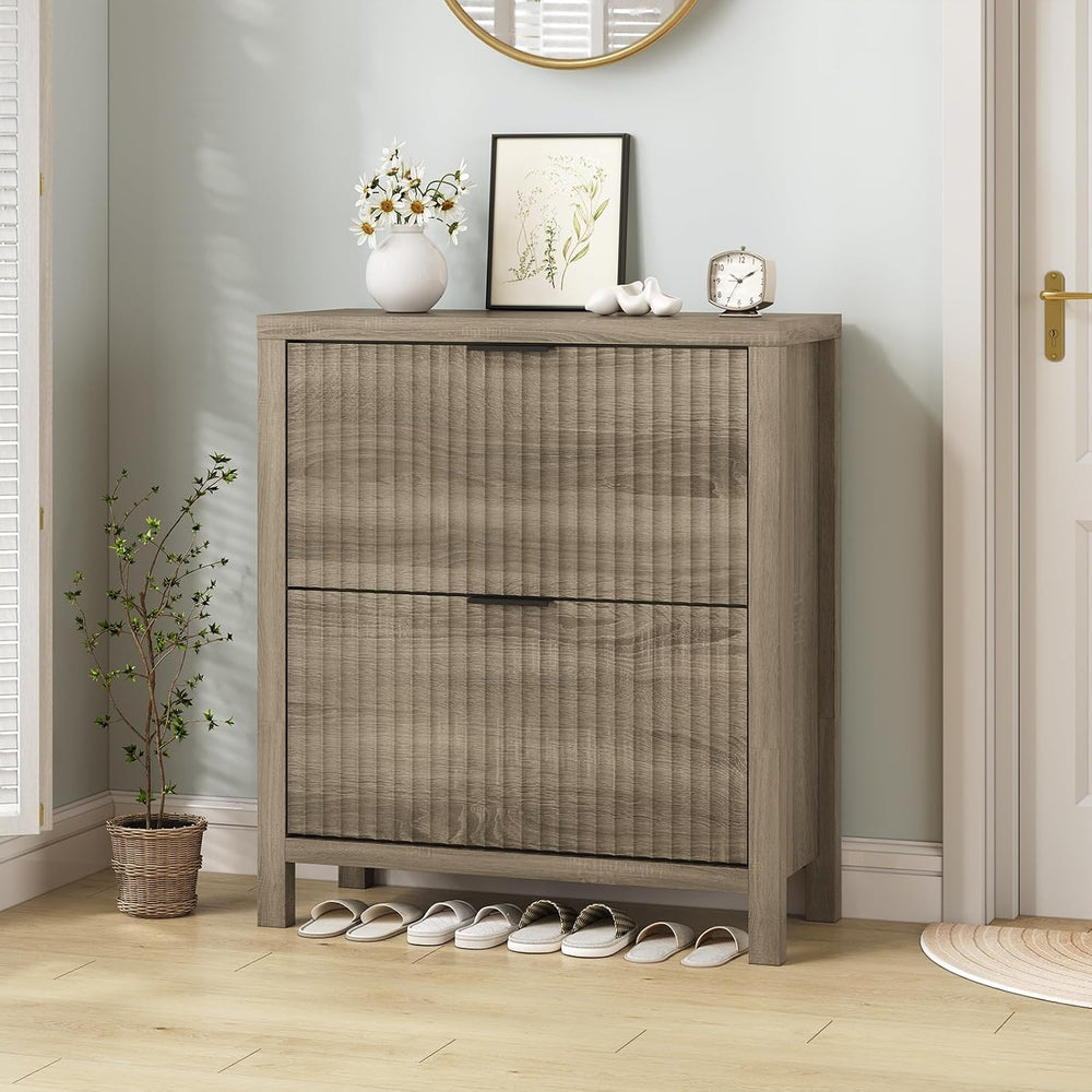 Fluted Shoe Cabinet Storage with 2 Flip Drawers for Entryway, Hallway