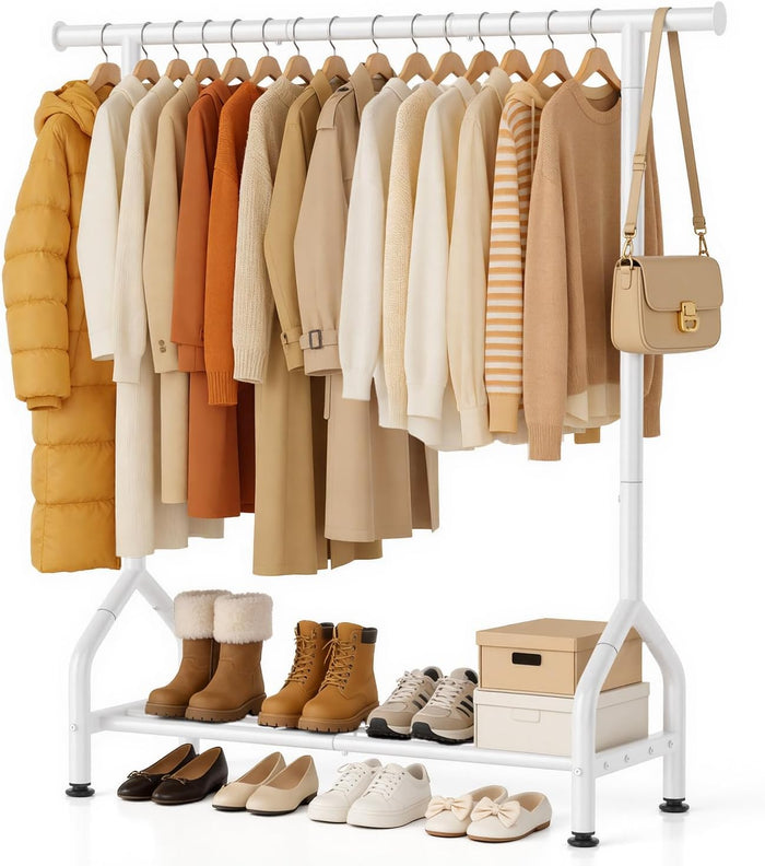 EAGMAK Sturdy Clothing Racks with Shelf, Metal Clothes Rack with Leveling Feet for Hanging Clothes, Freestanding Garment Coat Rack for Bedroom, Apartment & Small Spaces, White