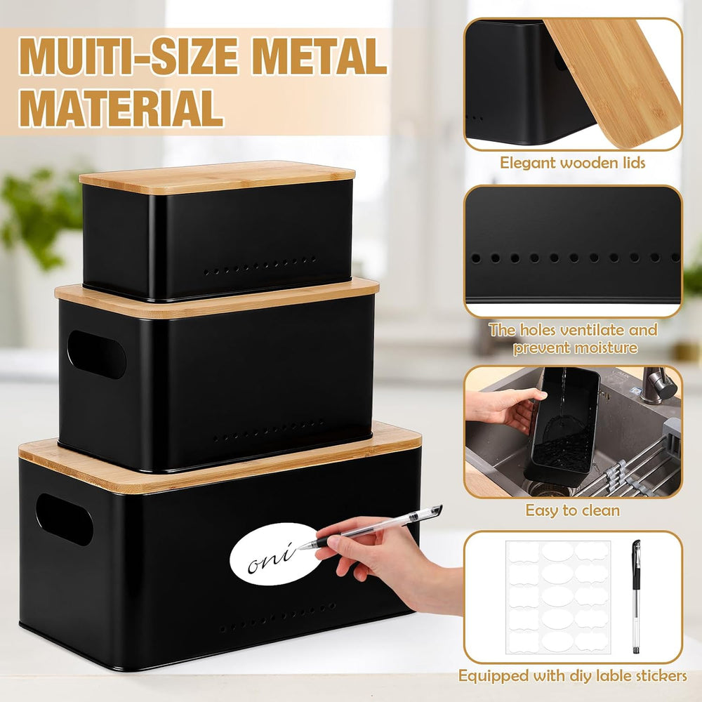 3 Pcs Metal Storage Box with Lid Nesting Farmhouse Storage Bins, Black