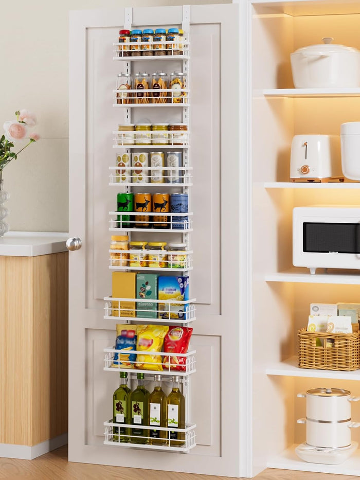 Delamu 9-Tier Over the Door Pantry Organizer, Adjustable Pantry Door Organizers and Storage, Metal Hanging Basket Wall Spice Rack Seasoning Organizer, Door Organizer Kitchen Bedroom Bathroom,12"White