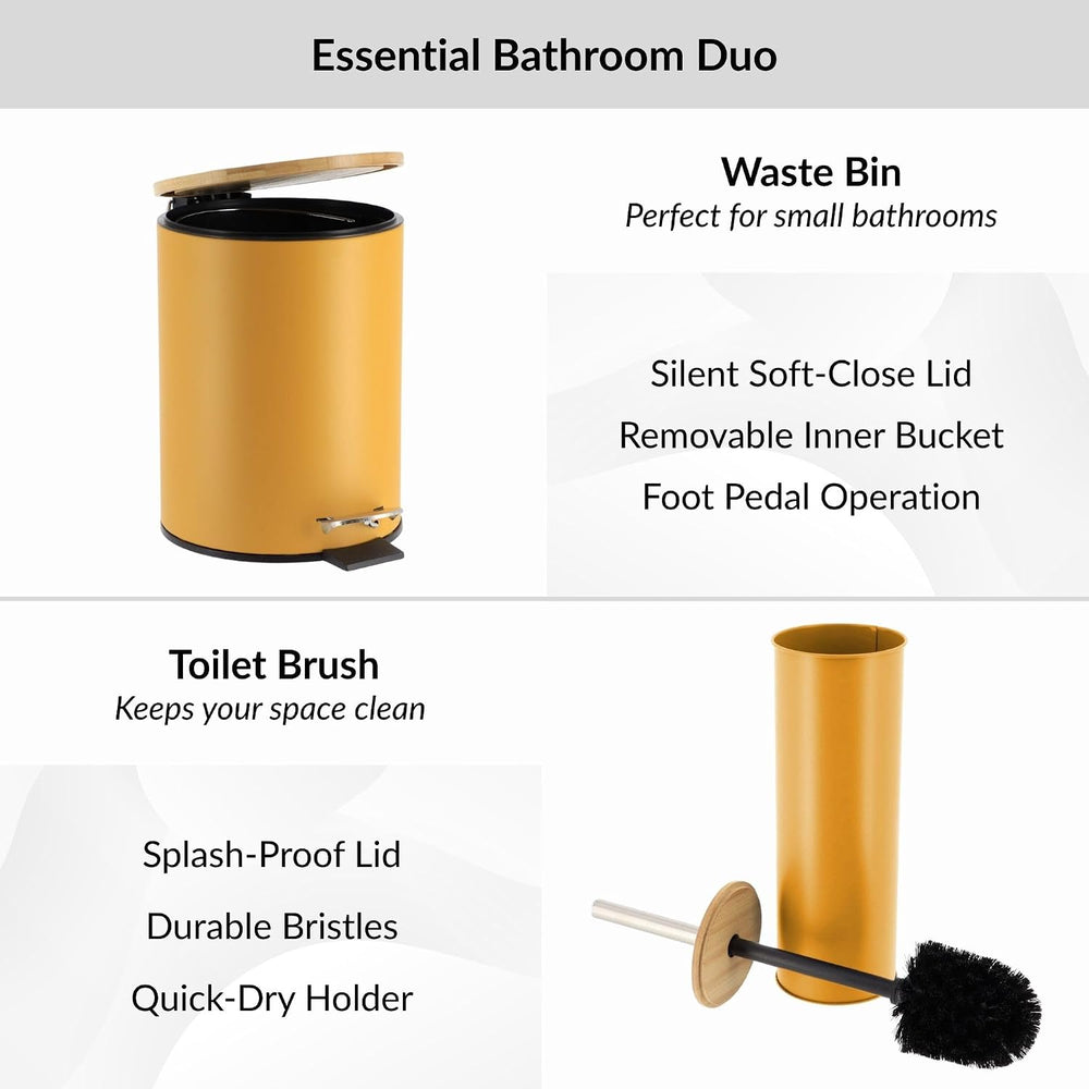 Mustard Yellow Bathroom Set w/Bamboo Lid, Metal Trash Can & Toilet Brush