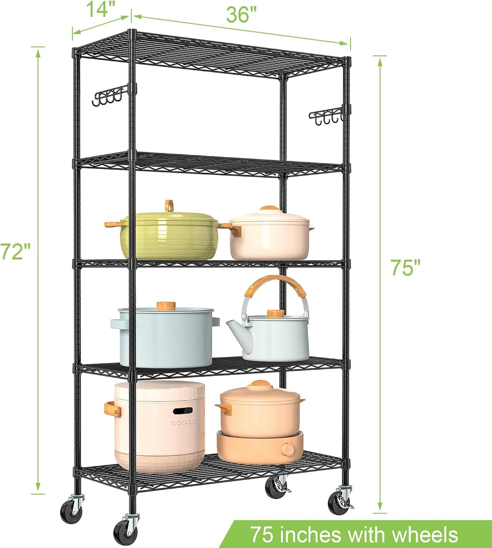 5 Tier Wire Metal Shelving Rack Garage Storage Rolling Shelves with Wheels