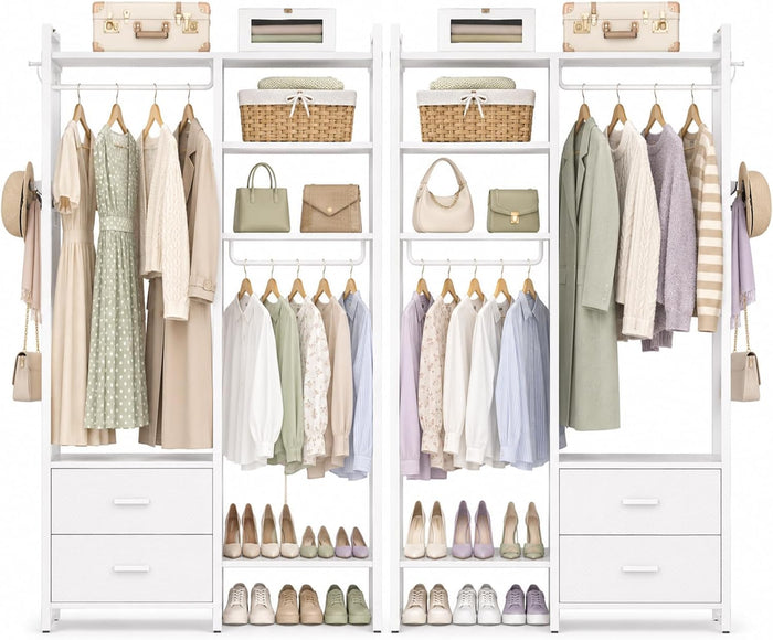 Besiost 78.7'' Clothes Rack for Hanging Clothes - Reversible Clothing Rack with 4 Drawers, Heavy Duty Garment Racks with Shelves, 6 Tiers Freestanding Portable Closet Wardrobe System, Set of 2 White