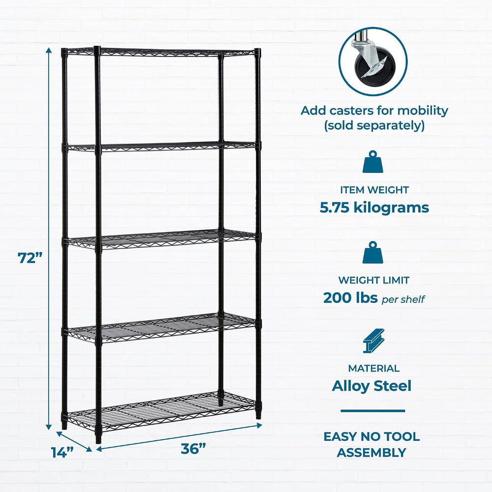 Honey-Can-Do 5-Tier Black Wire Shelf, NSF, 200 lb/Shelf, 36x14x72 in