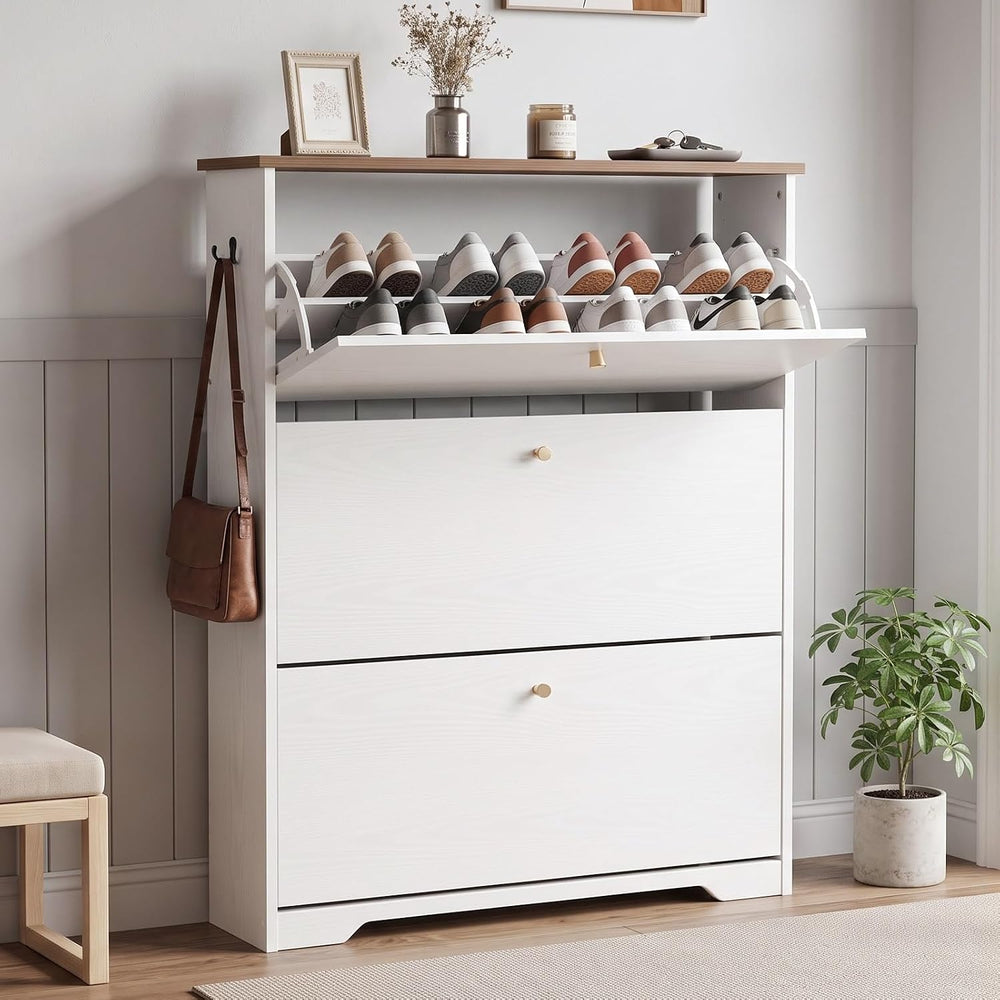 Nicetree Shoe Cabinet, 3 Flip Drawers Slim White Walnut Top Entry Storage