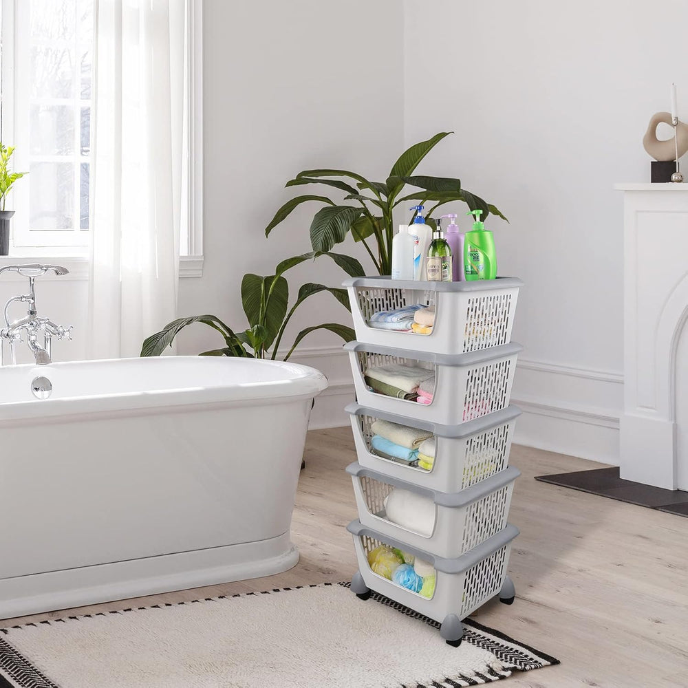 5-Tier Stacking Storage Basket Tower with Wheels, Plastic Open Stacking Baske...