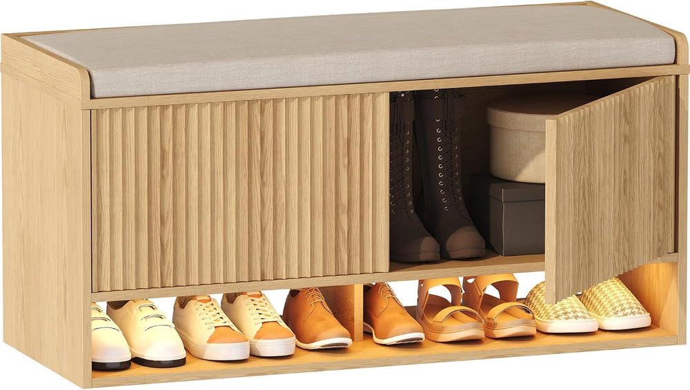 HOMEFORT 39.4" Fluted Shoe Storage Bench, Entryway Bench with Linen Seat...
