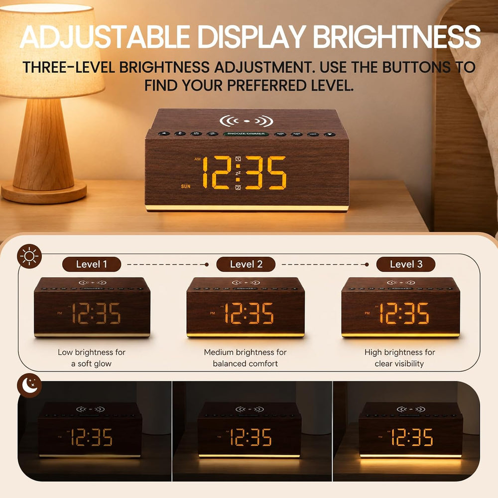 Wooden Digital Alarm Clock with Wireless Charging & Bluetooth Speaker