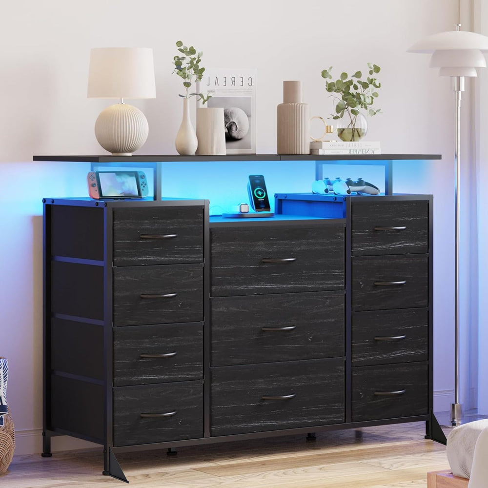 LUMTOK 11 Drawers Dresser with LED Light&Shelf,Dresser tv Stand for Bedroom
