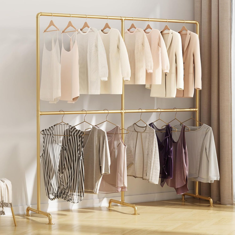 Industrial Pipe Clothing Rack, Heavy Duty Metal Clothes Rack with Double Rods...