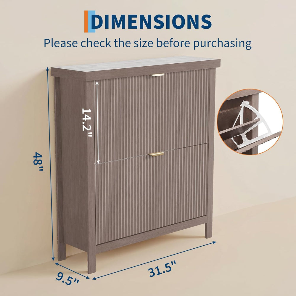 Fluted Shoe Cabinet with 2 Flip Drawers, Slim Entryway Storage