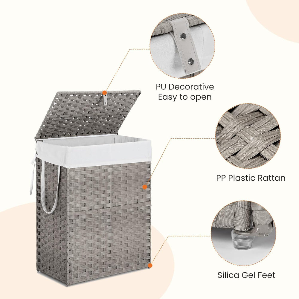 90L Laundry Hamper with Lid, Hand-Woven Pp Rattan Laundry Basket with Compart...