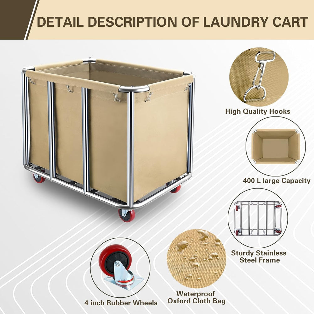Commercial Laundry Cart with Wheels,400L for Home,Hotel(Beige)