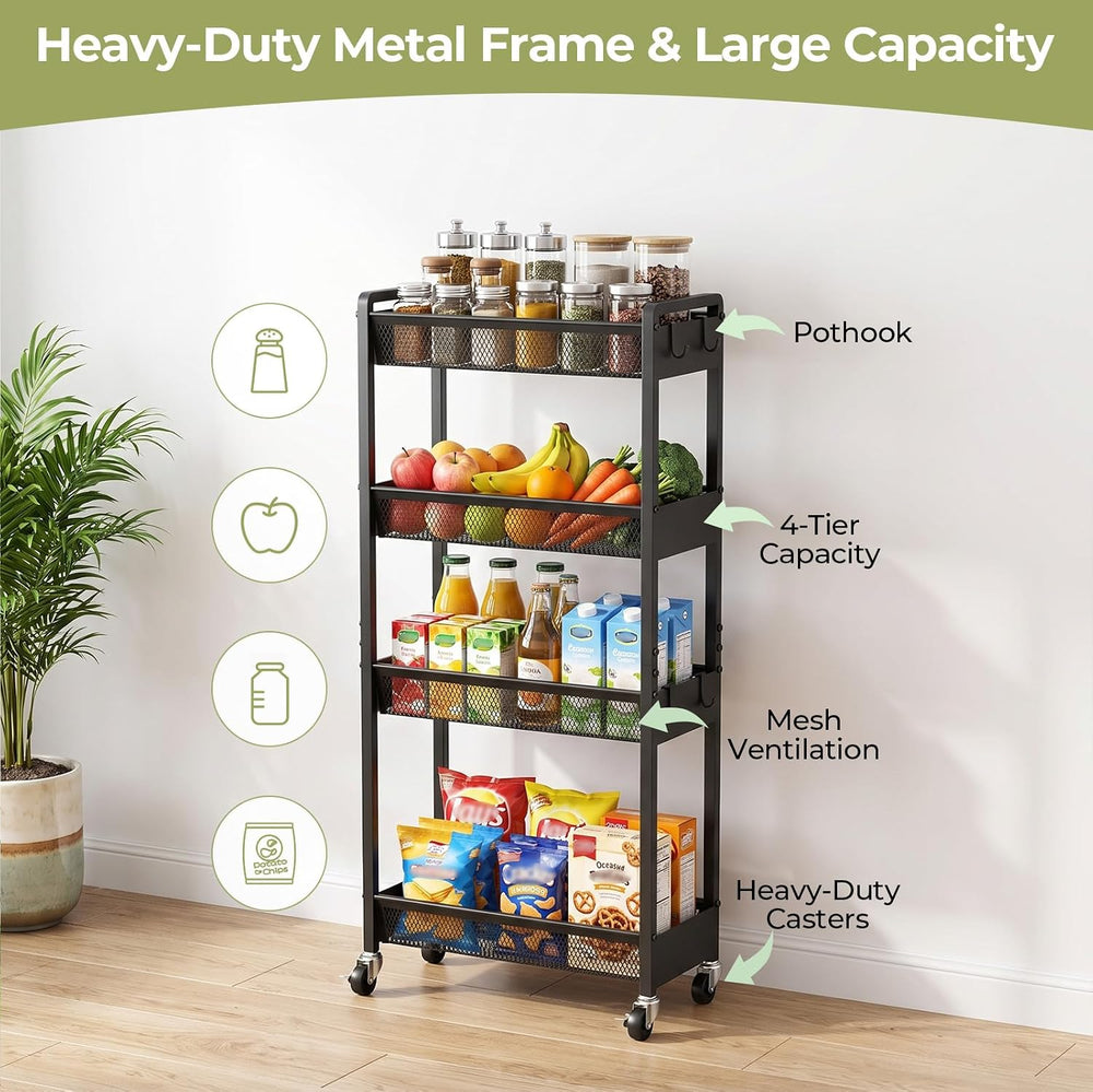 Delamu 4 Tier Slim Rolling Storage Cart, Utility Metal Narrow Cart 7.1" W