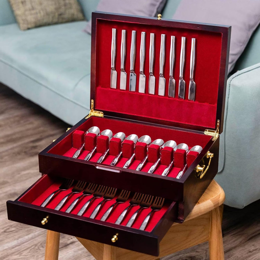 GENRICE Wooden Silverware Chest without Silverware Double-layer, Silverware B...