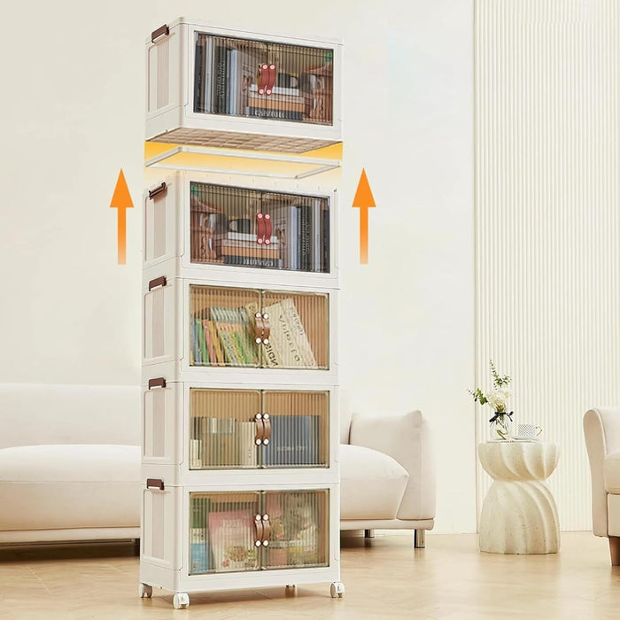 5 Tier Plastic Stackable Storage Bins and Boxes Organizer, Foldable Containers, Stackable Closet Organizers, Collapsible Boxes, White (5 Tier, 25.8″)
