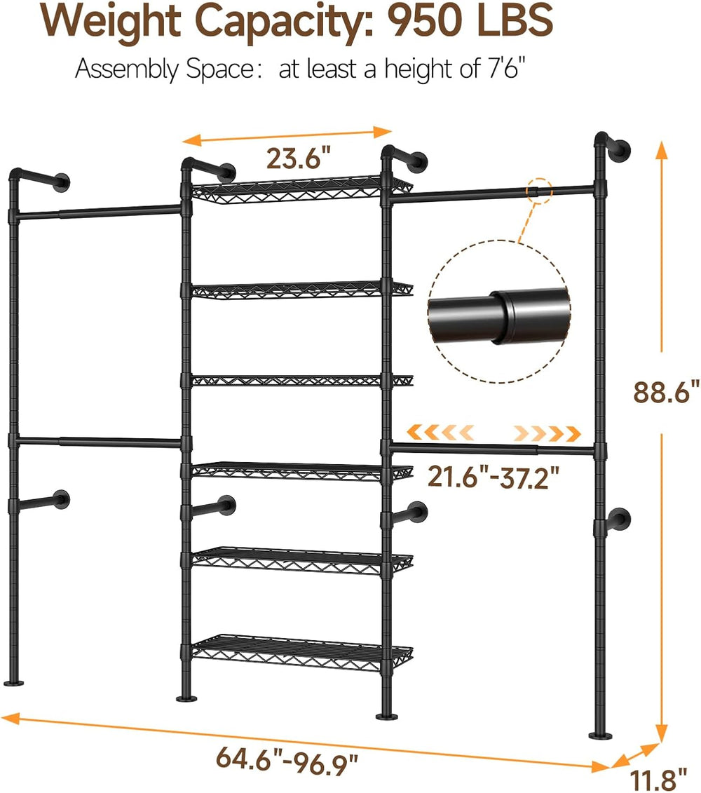 ONBRILL H3 Wall Mounted Closet System, Industrial Pipe Clothing Rack, Black