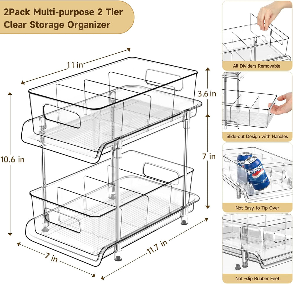 HIHEGD 2-Tier Bathroom Organizer with Dividers, Clear Under Sink and Pull-Out...