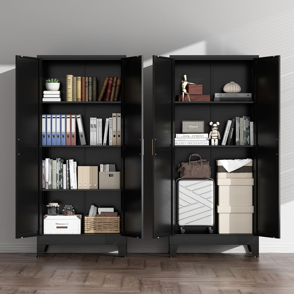 COFaR Black Farmhouse Storage Kitchen Pantry Cabinet with 2 Barn Door, 3 Adju...