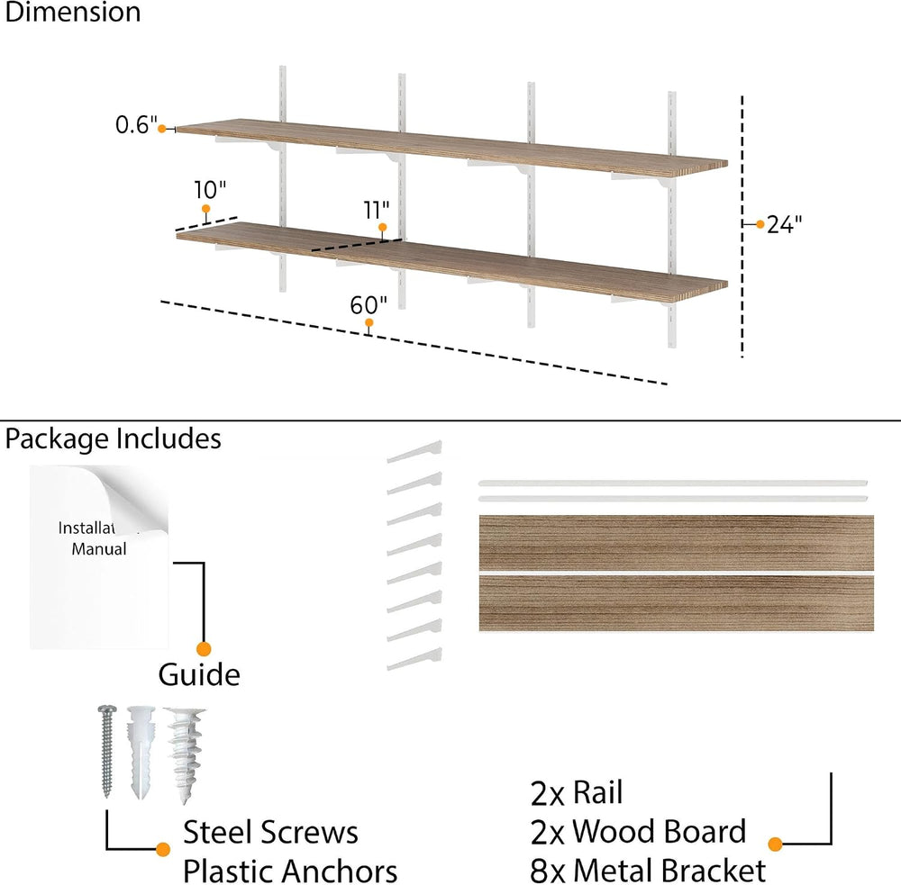 Wallniture Turin 60 Inch Floating Bookshelf, 10" Deep Adjustable Wall Sh...