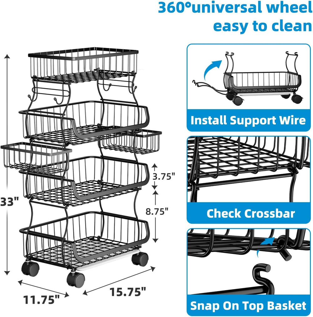 Simple Trending Stackable Cart, Fruit Vegetable Basket with Wheels, 4 Tier