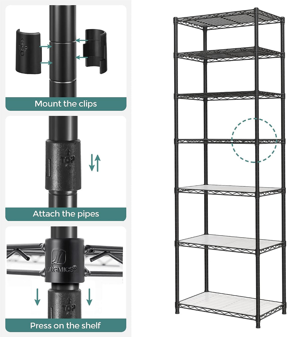 SONGMICS 7-Tier Storage Shelves, Adjustable Wire Shelving Unit, 8 Hooks