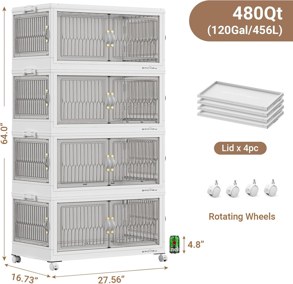 BROVIEW 480Qt Stackable Storage Bins with 4 Lids, Front and Side Open Doors, ...