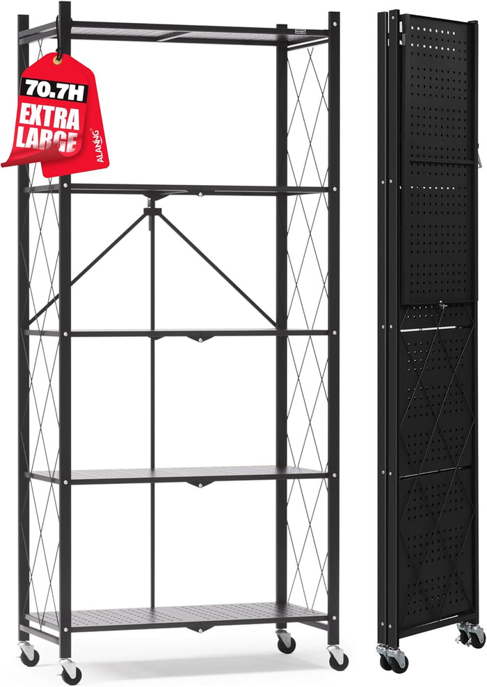 ALANNG 70.7" H Metal Storage Shelves, 5 Tier Folding Shelf on Wheels