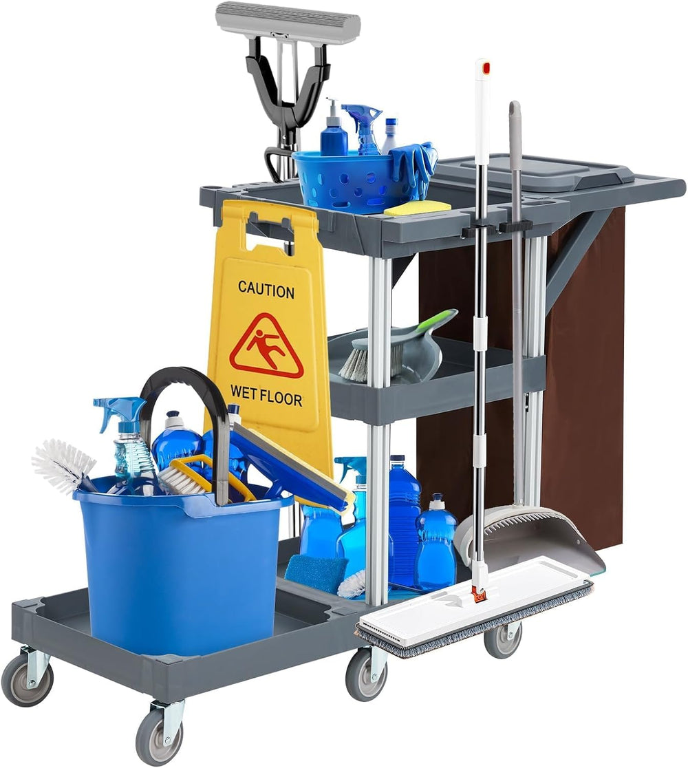 Commercial Janitorial Cart with Wheels, 3 Shelf Cleaning Trolley Cart with 16...