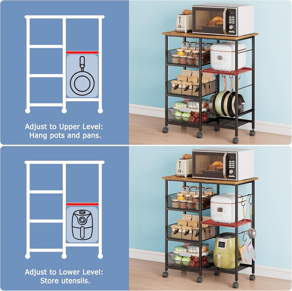Rolling Kitchen Microwave Organizer Cart, Adjustable Shelves, Black