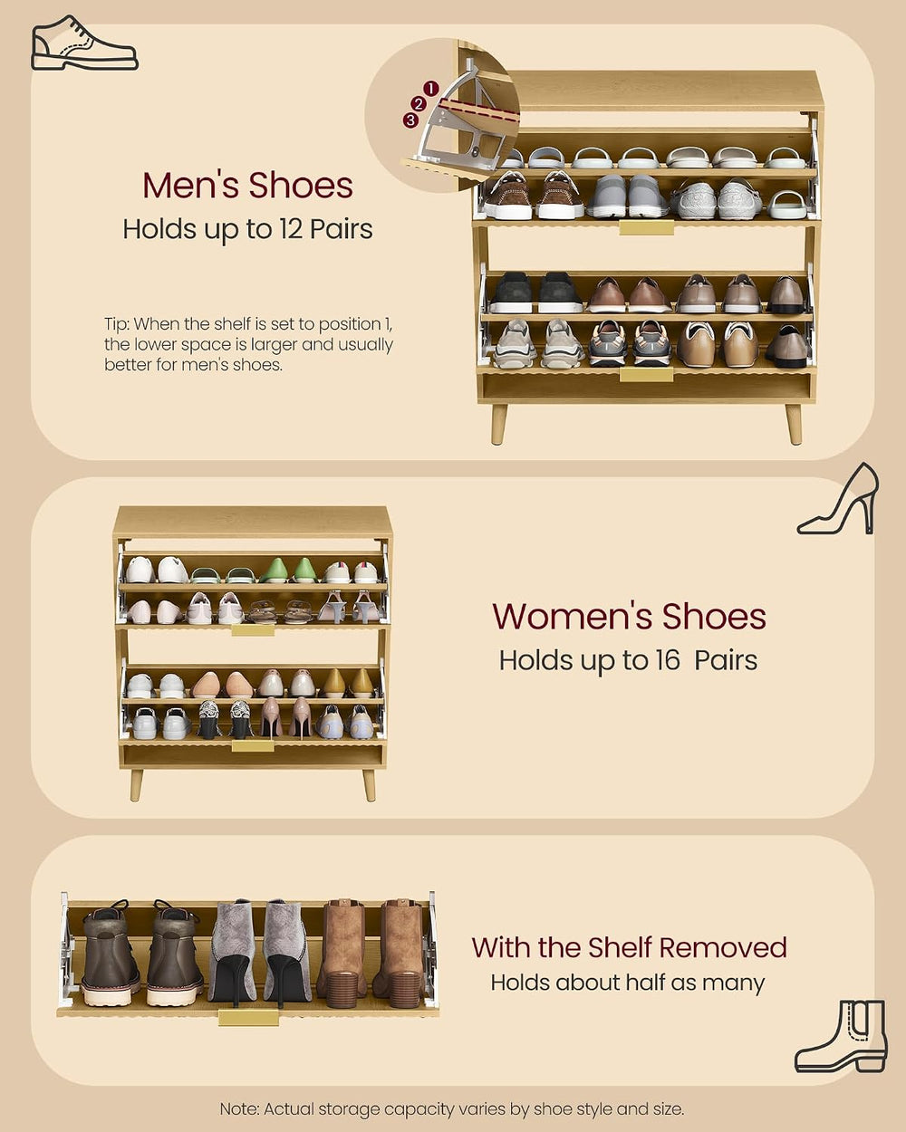 VASAGLE Shoe Storage Cabinet with 2 Flip Drawers, Narrow, Fits 12-16 Pairs