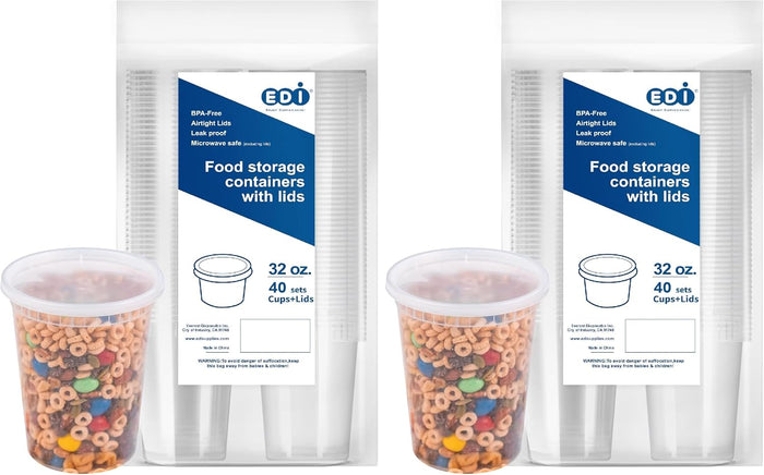 EDI [32 OZ, 40 Sets Plastic Deli Food Storage Containers with Airtight Lids | Microwave-, Freezer-, Dishwasher-Safe | BPA Free | Heavy-Duty | Meal Prep | Leakproof | Recyclable (Pack of 2)