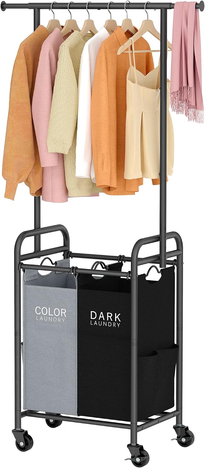 Tajsoon Laundry Sorter with Hanging Bar, 2 Bag laundry cart, Black & Gray