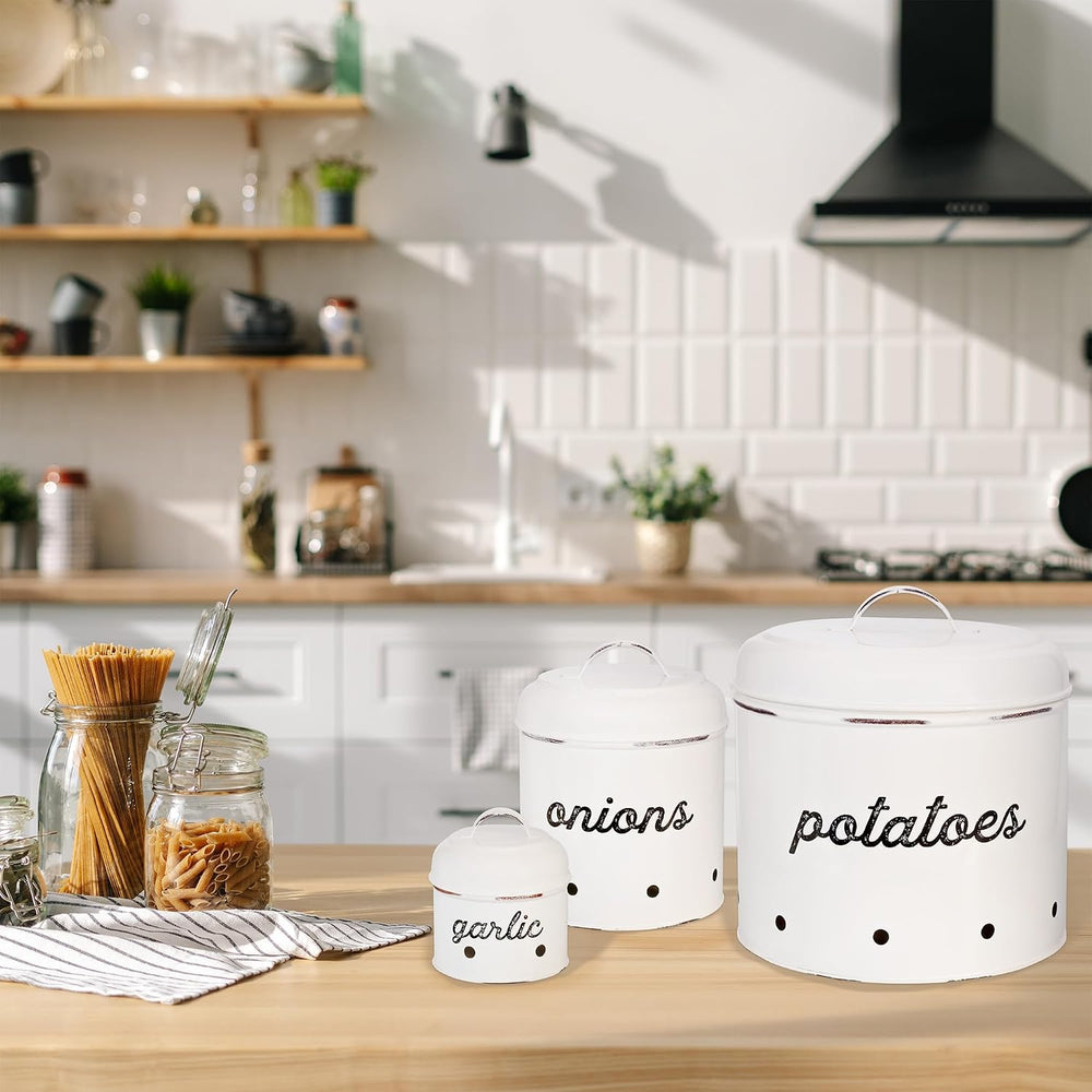 AuldHome Design Potatoes, Onions and Garlic Canister Set; Rustic White Enamel...
