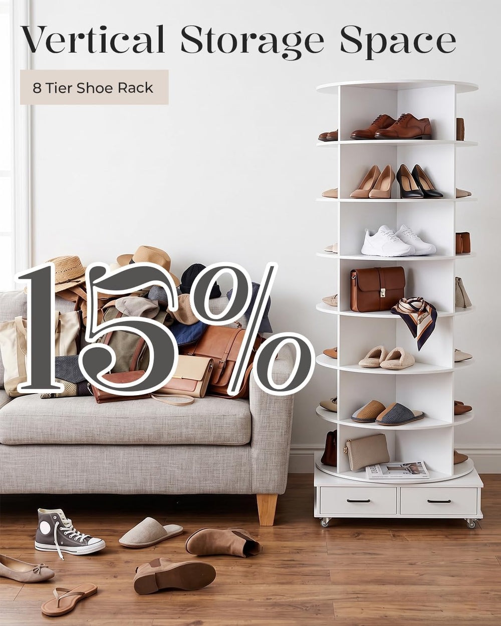 8 Tier Rotating Shoe Rack Contains 2 Drawers Shoe Tower Organizer