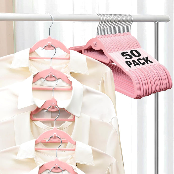 Velvet Felt Stackable Hangers 50 Pack, Thin & Space Saving, Pink
