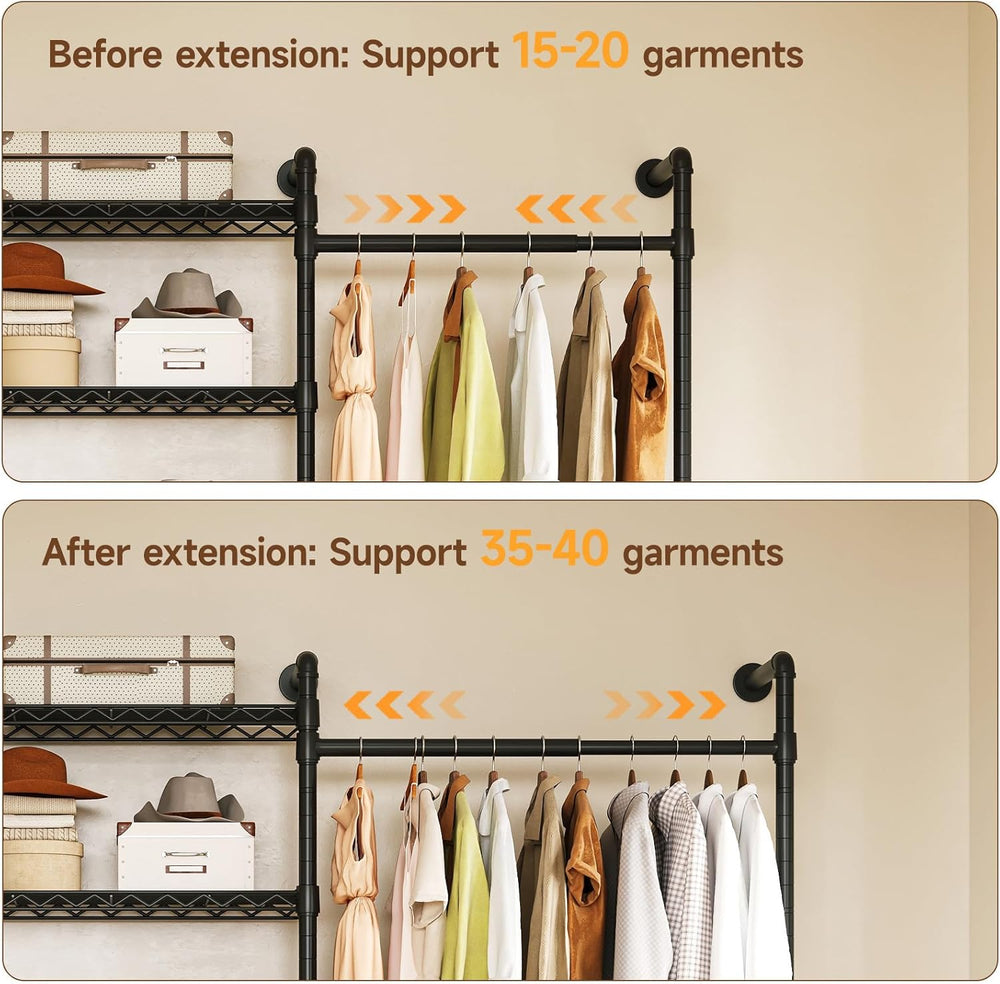 H4 Wall Mounted Closet System, Expandable Industrial Pipe Clothing Rack