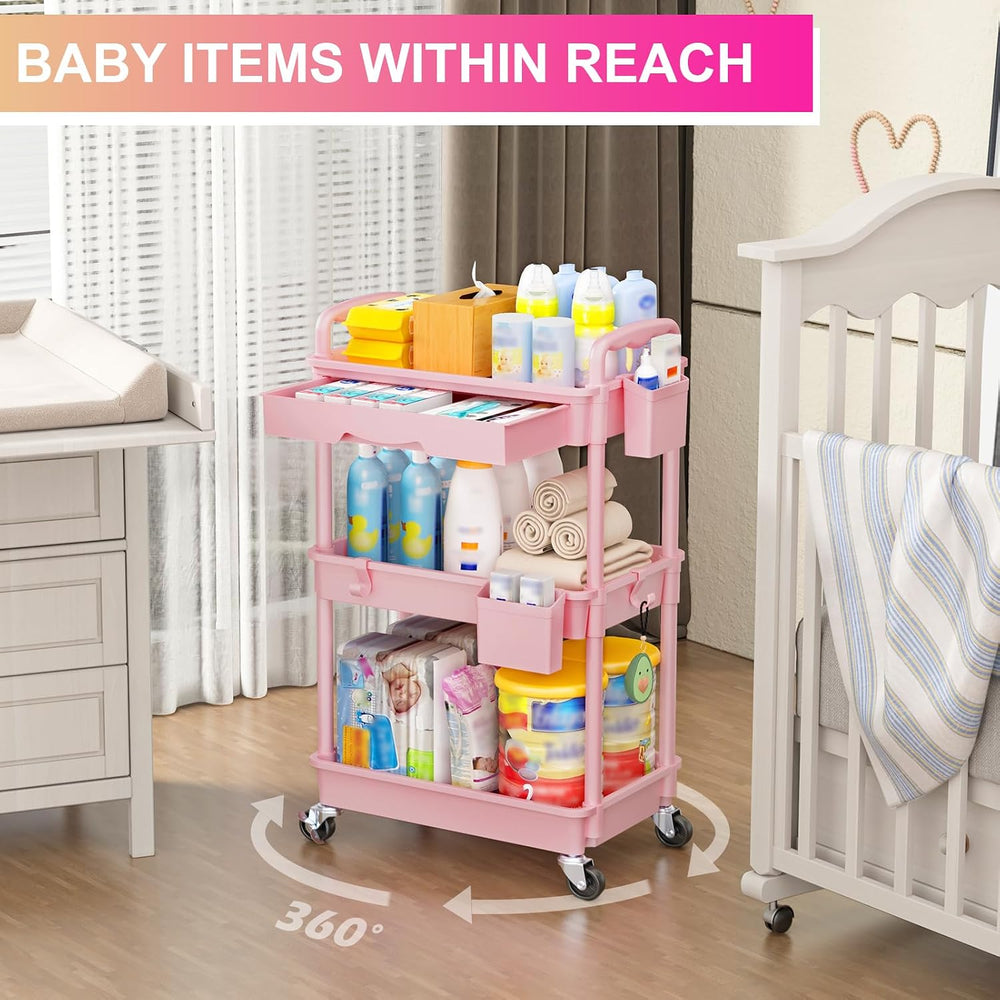 3 Tier Rolling Utility Cart Organizer with Removable Drawer, Pink