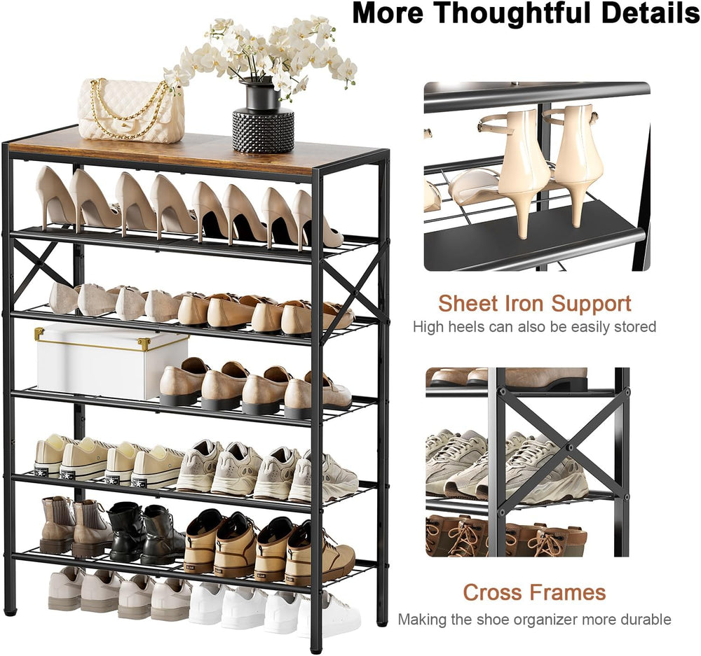 6 Tier Metal Shoe Rack with Wood Top, 18-24 Pairs