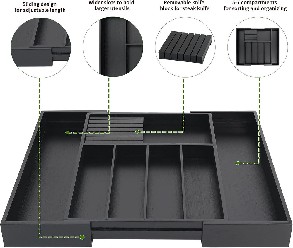 VaeFae Bamboo Silverware Drawer Organizer, 7 Slots, Black