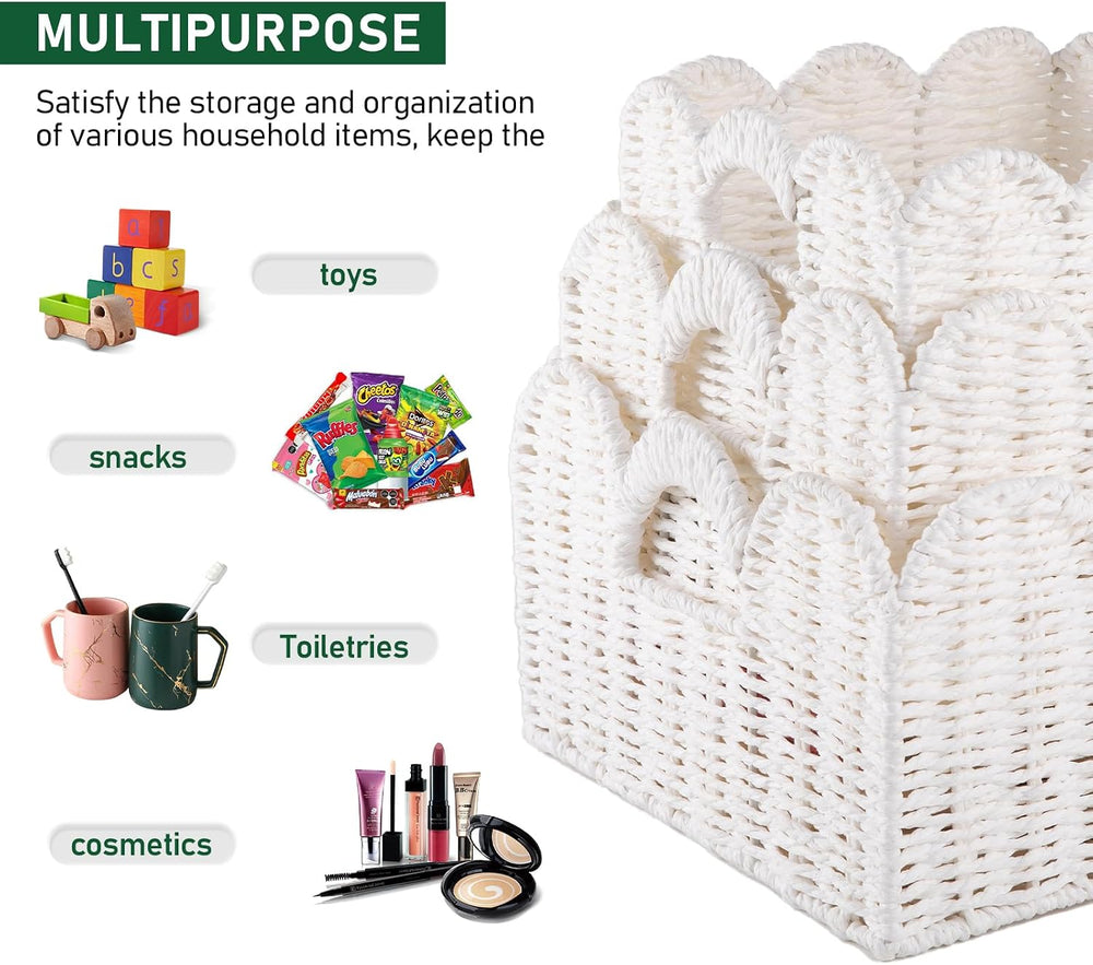 OIAHOMY Scalloped Wicker Baskets, Hand-woven Storage Baskets with Built-in Ha...