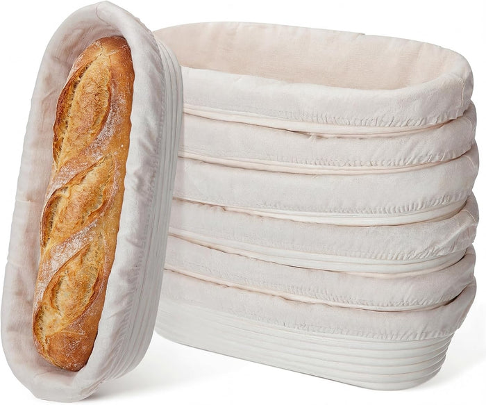 Vesici 14 Inches Baguette Banneton Proofing Basket 6 Pack with Linen Liner Baguette Banneton Bread Baking Baskets Rattan Dough Proofing Baskets for Home Bake, Bakers Supplies, Baking Gifts