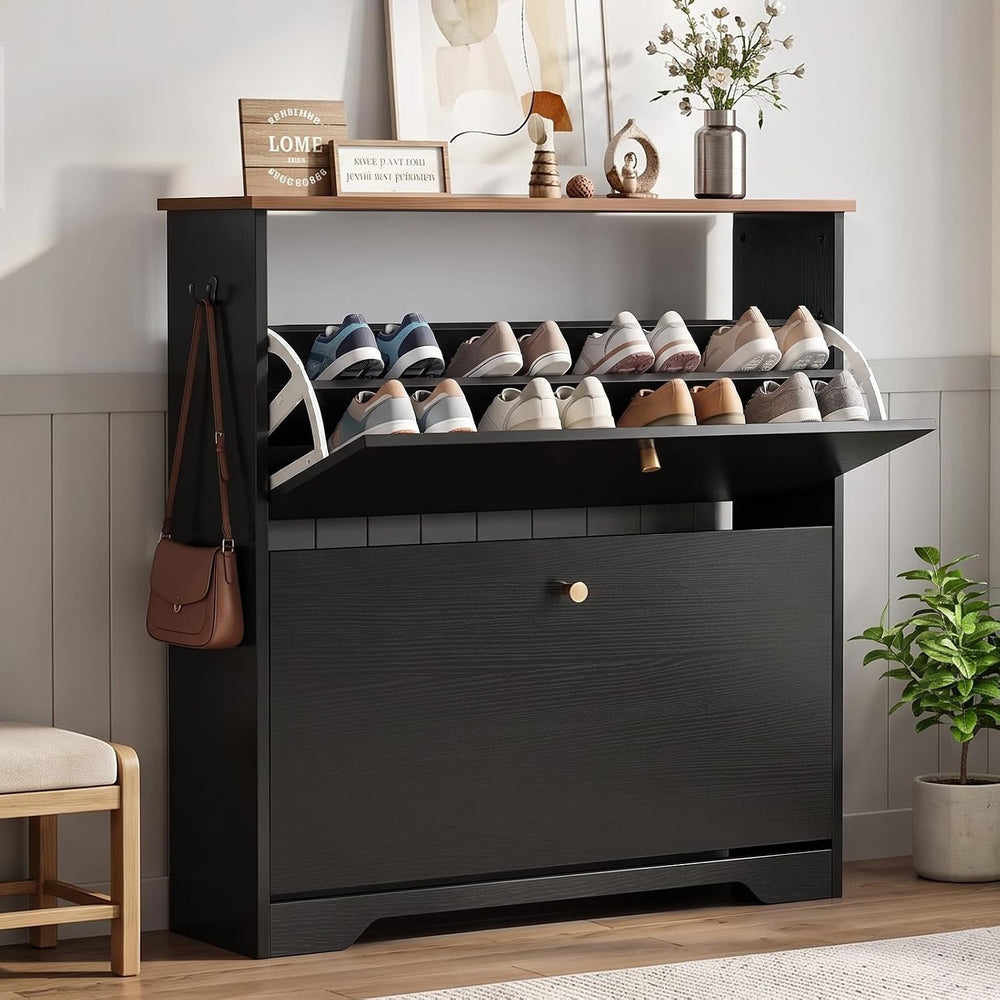 Nicetree Shoe Cabinet, 2 Flip Drawers Slim Black Walnut Top Entry Storage