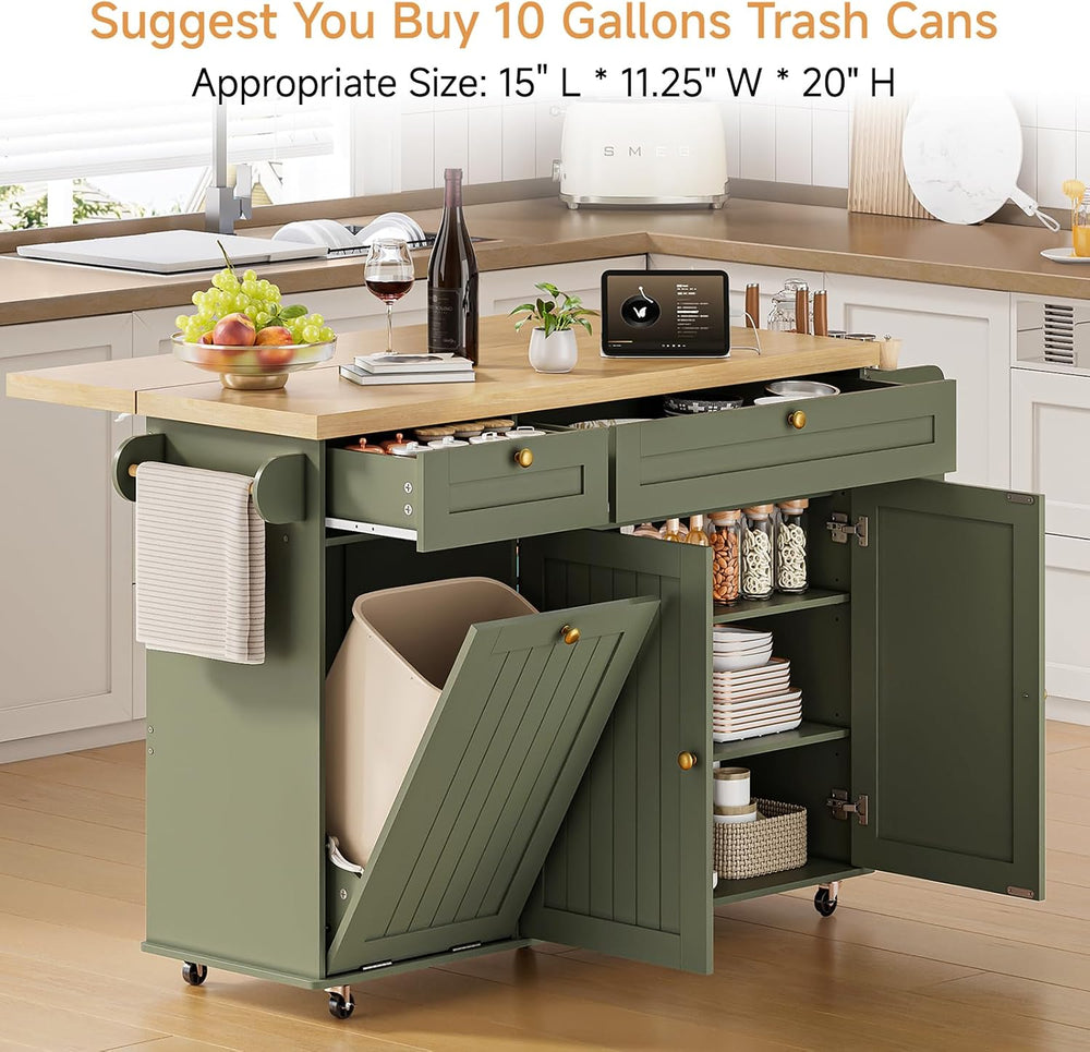 60" Kitchen Island with Drop Leaf & Trash Can Storage, Green+Brown