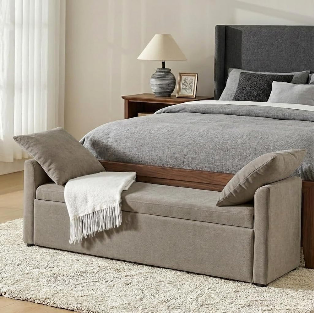 HULALA HOME 59" Storage Bench with 2 Throw Pillows & Armrests, Brown