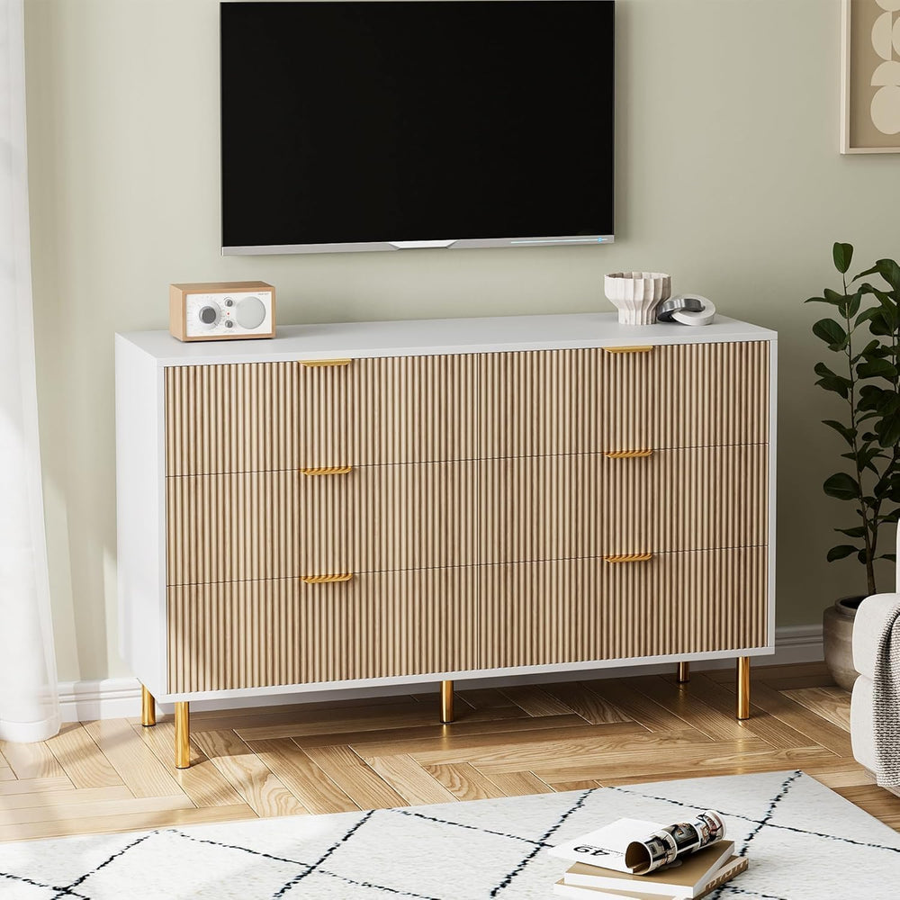 IDEALHOUSE Modern Natural 6 Drawer Dresser for Bedroom with Gold Handles