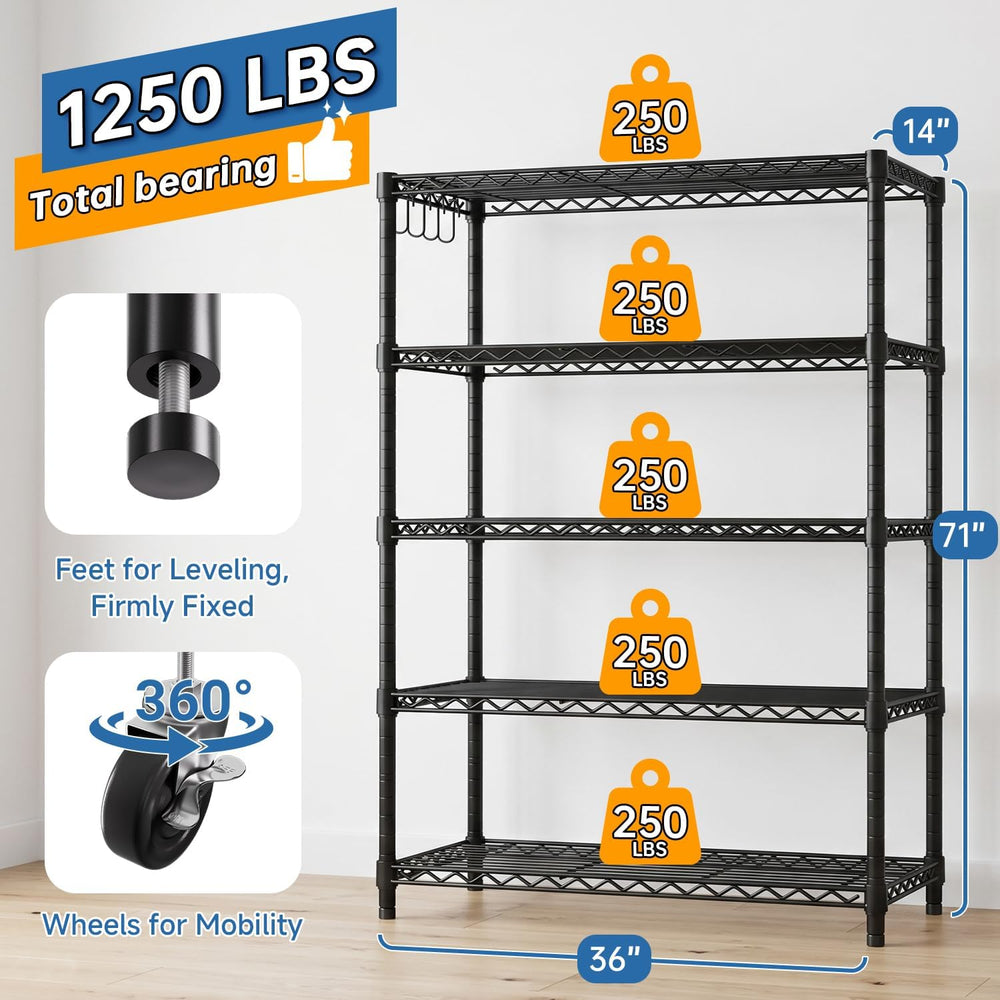 5 Tier 36" W x 14" D x 74" H Rolling Wire Metal Storage Shelve...