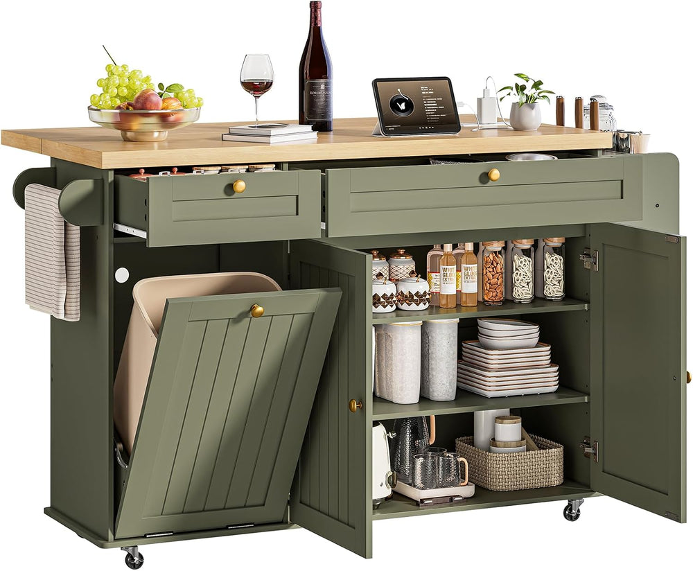 60" Kitchen Island with Drop Leaf & Trash Can Storage, Green+Brown